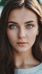Fototapeta premium A young woman 20-25 years old stands outdoors showcasing her long brown hair and captivating blue eyes. Soft natural light highlights her features creating a serene and calm atmosphere. Generative AI