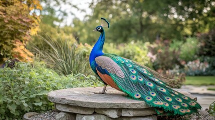 Obraz premium Vibrant Peacock in Full Display, an elegant garden scene featuring a peacock showcasing its dazzling feathers, perfect for wildlife and nature-themed projects.