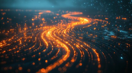Obraz premium Abstract glowing lines forming a river or road in a futuristic digital landscape.