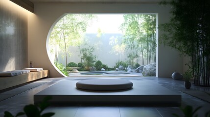 A high-resolution image of a serene meditation room with a central cushion, minimal decor, and a large circular window overlooking a garden.