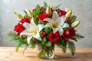 Gorgeous holiday floral arrangement featuring elegant red roses, pure white lilies, and lush greenery accents, perfect for festive celebrations and thoughtful gifts this Christmas season.