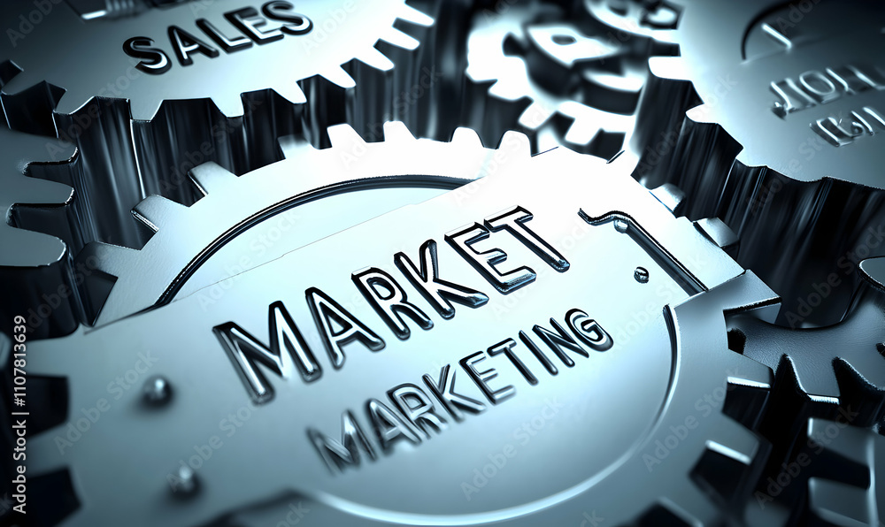 Poster interlocking gears represent the synergistic relationship between market and sales strategies in bus