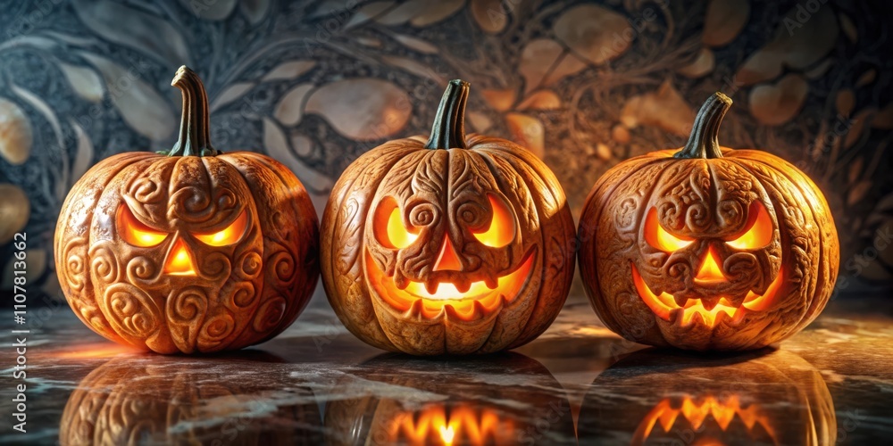 Poster three intricately carved jack-o'-lanterns illuminated from within, casting an eerie glow on a dark m