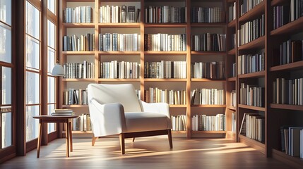 A clean, simple home library with a single armchair, a small table, and shelves filled with neatly organized books.