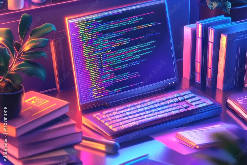 Poster retro computer with colorful code on screen, surrounded by books and plants in a vibrant, neon-lit w