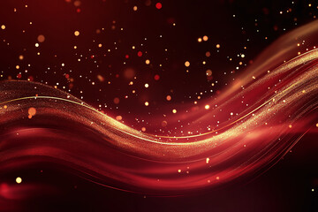 Obraz premium Glowing Golden Sparkles on Red Background, Abstract Bokeh and Shimmering Light Trails for Festive Celebration and Holiday Glamour