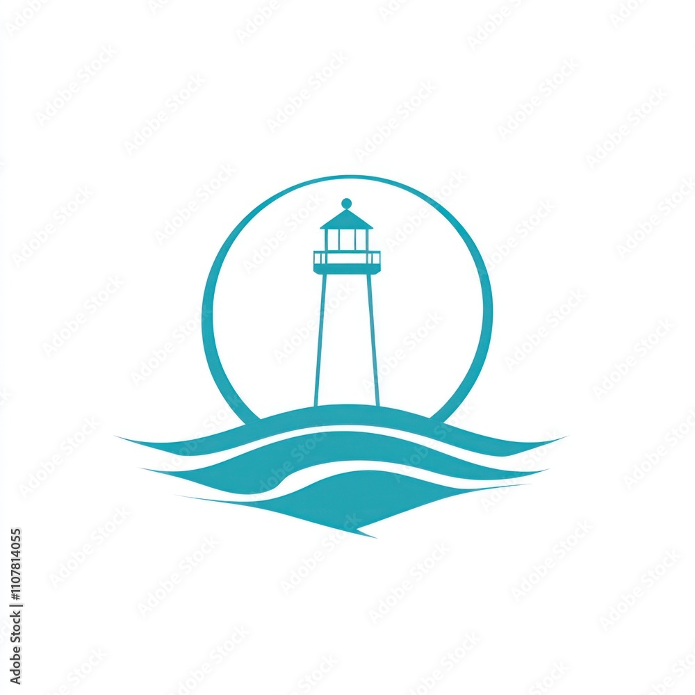 Poster here's a and keyword list for your image.. minimalist lighthouse icon in circle, ocean waves.