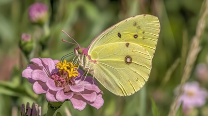 Obraz premium Vibrant Yellow Butterfly Perched on Delicate Pink Flower in Nature