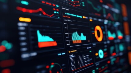 Obraz premium A vibrant display of data visualization featuring graphs, charts, and analytics, emphasizing insights in a high-tech interface.