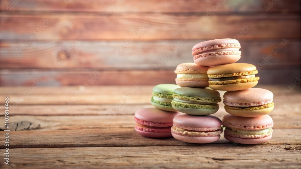 Poster A colorful stack of macarons arranged in a pyramid shape on a rustic wooden surface.