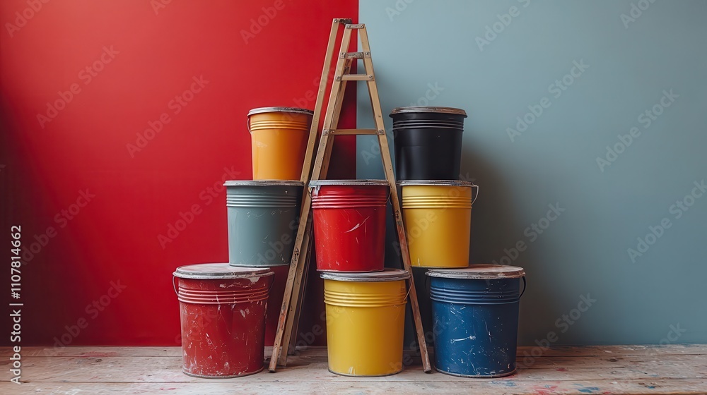 Poster banner for expert painting projects paint buckets rollers brushes and a three dimensional folding la