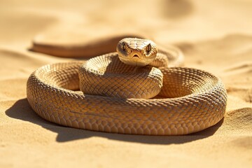 Obraz premium Coiled snake in desert sand, venomous and ready to strike