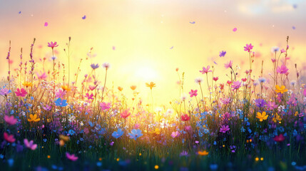 vibrant springtime scene filled with colorful flowers against glowing sunset. landscape is alive with hues of pink, purple, and yellow, creating joyful atmosphere