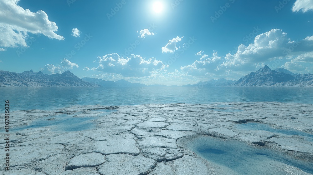Poster barren land and lakes with cloud floating 3d rendering