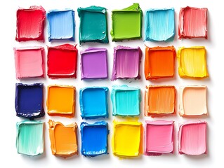 Vibrant oil paint swatches in various colors arranged in a grid on white background.