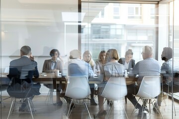 Businesspeople in a boardroom, negotiating behind closed doors