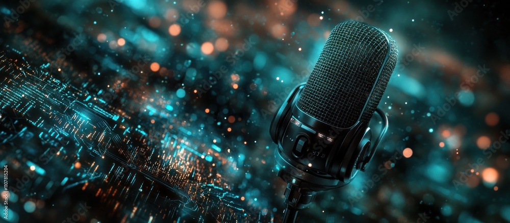 Poster a professional microphone sits in front of a glowing blue and orange background with bokeh lights.