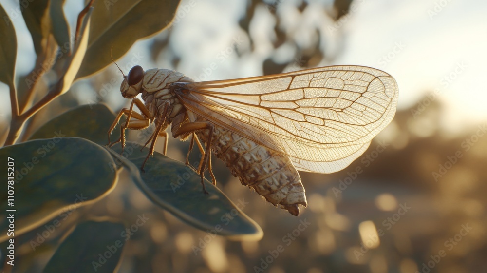 Poster close-up of cicada on leaf with sunlight in background