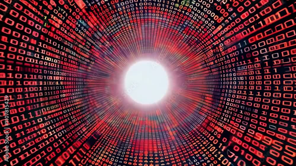 Poster vivid binary numbers swirl and converge toward a bright center, creating an immersive visual represe