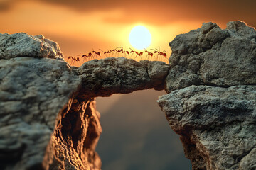 Fototapeta premium Close-Up of Ants Building a Bridge on Rocky Terrain: Teamwork in Nature