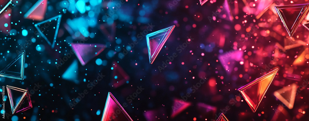 Aufkleber Colorful abstract geometric shapes floating against a dark background with bright bokeh effects at a digital art exhibition