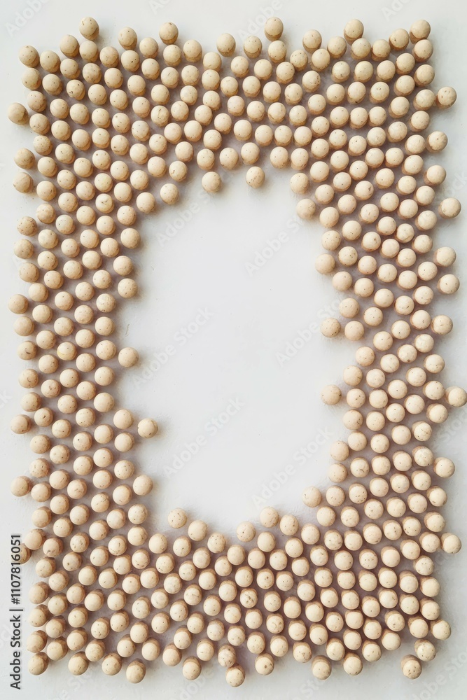 Poster beige beads frame. creamy round beads arranged in a frame, symbolizing unity and completeness. perfe