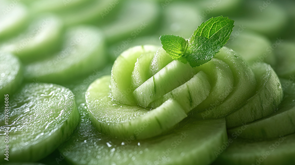 Poster freshly sliced cucumber arranged elegantly with mint leaves on a green background for a refreshing d