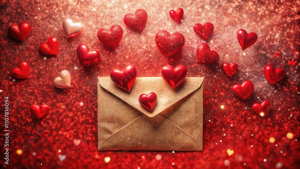 Poster A brown envelope with a delicate heart design rests on a red glittery surface, surrounded by an array of red and pink hearts, symbolizing the joy and affection of the Valentine's Day season.