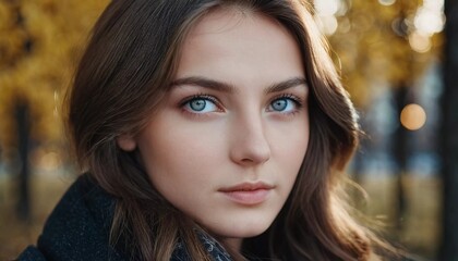 Fototapeta premium A young woman 20-25 years old with striking blue eyes stands against a backdrop of golden autumn leaves in Russia. The soft light highlights her natural beauty and serene expression. Generative AI