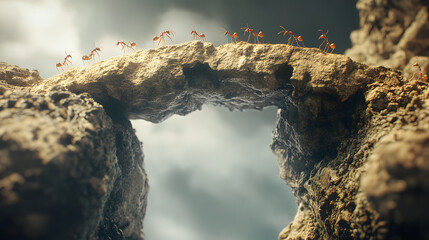 Obraz premium Close-Up of Ants Building a Bridge on Rocky Terrain: Teamwork in Nature
