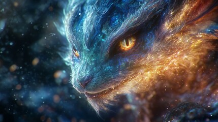 Obraz premium Intricate details of a fantastical creature, combining elements of various animals, shimmering scales and fur, expressive eyes, magical aura