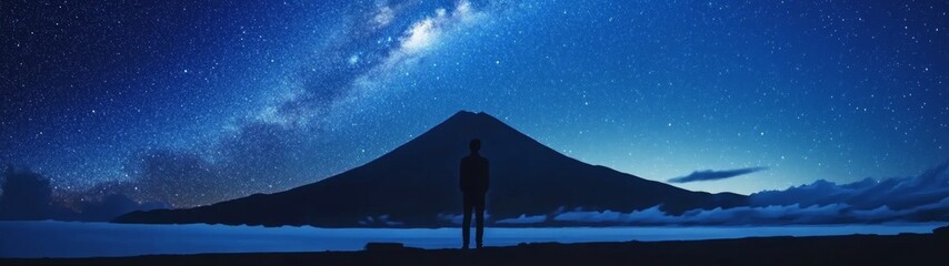 Fototapeta premium Starry Night Over Mountain Peaks, a stunning display of the Milky Way illuminating a vast night sky, inspiring feelings of awe and adventure in a tranquil wilderness setting