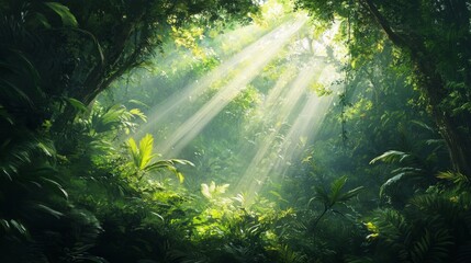 Sunlight streaming through a forest canopy, dappled light and shadow, lush green foliage, peaceful atmosphere