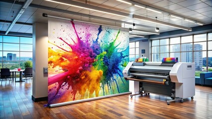 High-quality office color printer featuring vibrant ink splashes. Ideal for creating wide banners and promotional materials with plenty of copy space for effective messaging.
