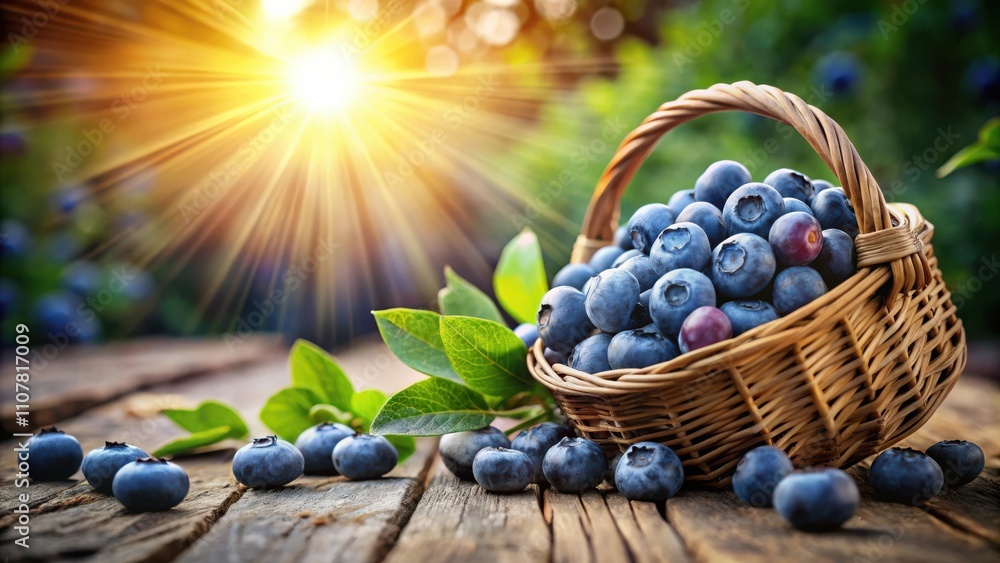 Poster a basket overflowing with plump blueberries sits on a rustic wooden table, illuminated by the warm g