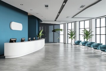 Modern white and blue open-space office with clean, sleek design