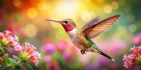 Fototapeta premium Hummingbird in pastel watercolor captures nature's beauty, showcasing exquisite details through tilt-shift photography, emphasizing the delicate balance of light and color in vibrant settings.