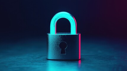 Fototapeta premium A shiny padlock with a glowing blue and pink hue sits on a dark surface, symbolizing security and protection in a modern aesthetic.