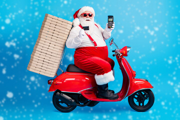 Full length profile photo of grandpa drive scooter deliver pizza hold credit card terminal wear...