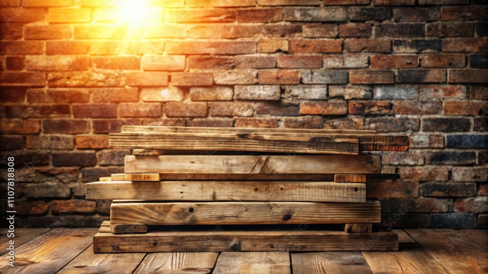 Poster rustic wooden planks stacked against a backdrop of weathered brick, bathed in the warm glow of a set