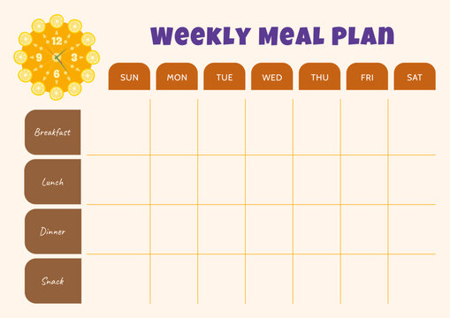 Weekly meal planner template. Horizontal format A4