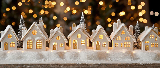Obraz premium charming display of miniature white houses adorned with snow, glowing warmly against backdrop of festive bokeh lights. This scene captures essence of cozy winter holiday atmosphere