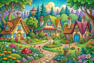 Obraz premium Immerse yourself in a whimsical fantasy village, featuring charming cottages, vibrant gardens, and delightful woodland creatures, perfect for a magical fairy tale coloring adventure.