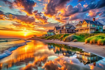 Fototapeta premium Immerse yourself in Sunrise Serenity, featuring breathtaking double exposures of beachfront homes in Weekapaug, Rhode Island, revealing the stunning beauty of coastal living at sunrise.