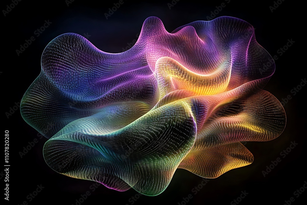 Poster Abstract colorful flowing particles forming a dynamic shape on a dark background.