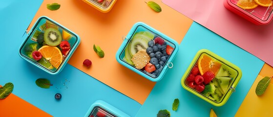 A top-down view of diverse Asian cuisine dishes neatly packed for meal prep or takeaway service, Open lunch boxes for school, containing sandwiches and fruit. Pink background. Gentle colors
