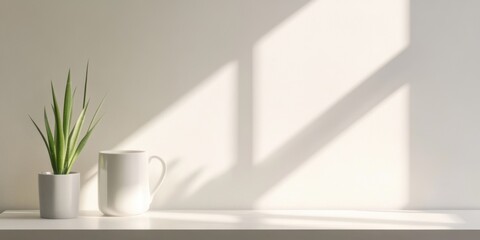 Fototapeta premium A minimalist scene featuring a small potted plant and a white pitcher, illuminated by soft sunlight casting shadows on a light wall.