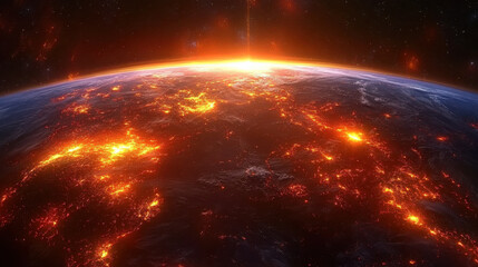 Obraz premium Sunrise over planet Earth showcasing vibrant colors and glowing landscapes, creating breathtaking view of our planet from space, evoking sense of wonder and beauty