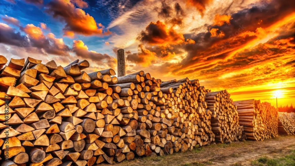 Poster a stack of neatly piled logs set against a backdrop of a vibrant sunset, casting warm golden light o