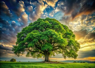 Obraz premium In a serene landscape, a magnificent green tree with leafy branches and a robust brown trunk epitomizes tranquility, capturing the essence of nature's breathtaking beauty.